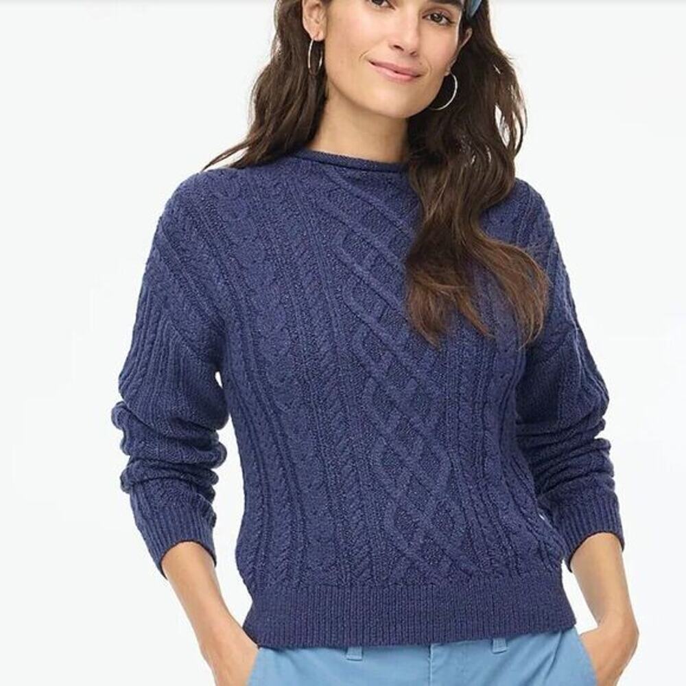 J. Crew Sweater Women Medium Blue Cable Knit Rolled Neck Preppy Coastal